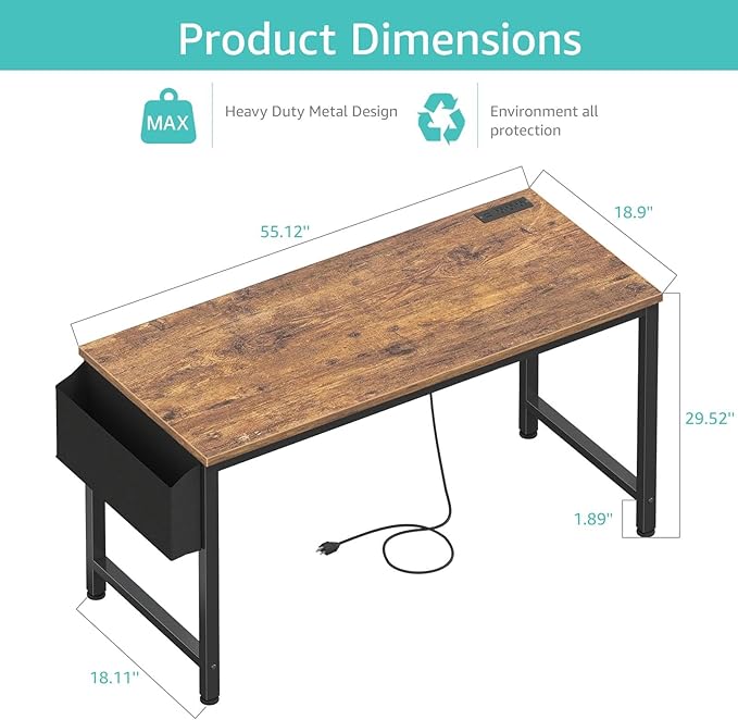 Lufeiya Gaming Desk with Power Outlet, 55 inch Teen Study Table Home Office - Image 3