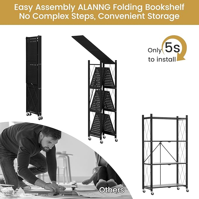 ALANNG Storage Shelves with Wheels, Bookshelf with Storage, No Assembly Metal - Image 5