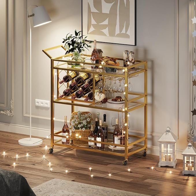 FATORRI Bar Cart Gold, Home Bar Serving Cart - Image 7