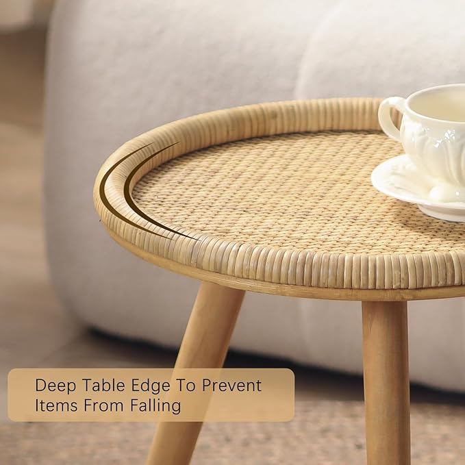 Rattan Round Coffee Table, Boho Circle Side Table End Table - Image 4