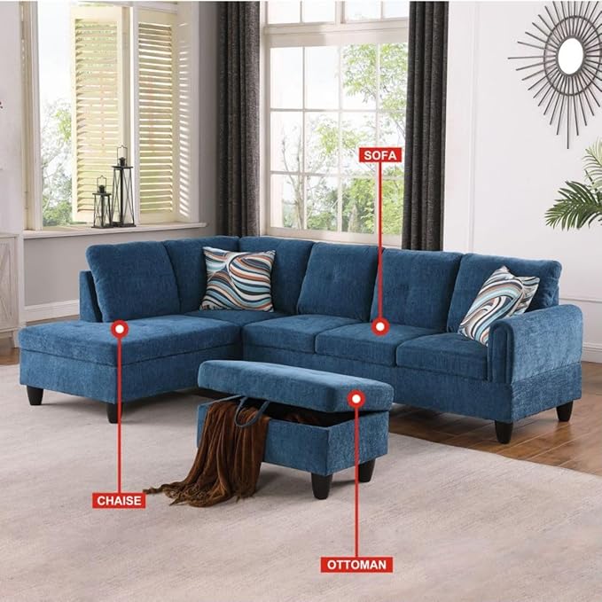 Blue L-Shaped 3-Piece Flannel Sofa - Image 3