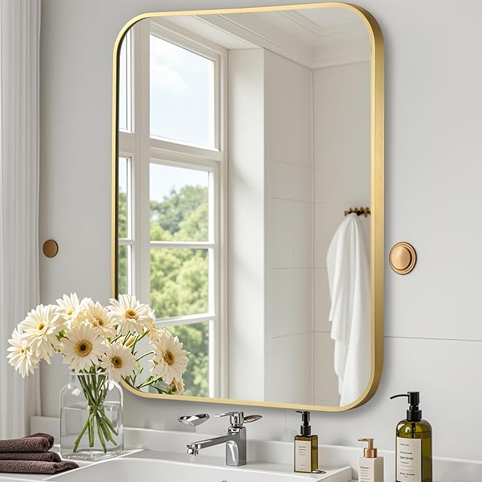 Brushed Gold Mirror, Metal Frame Rectangle Corner Vanity Mirror, Wall Mounted - Image 2