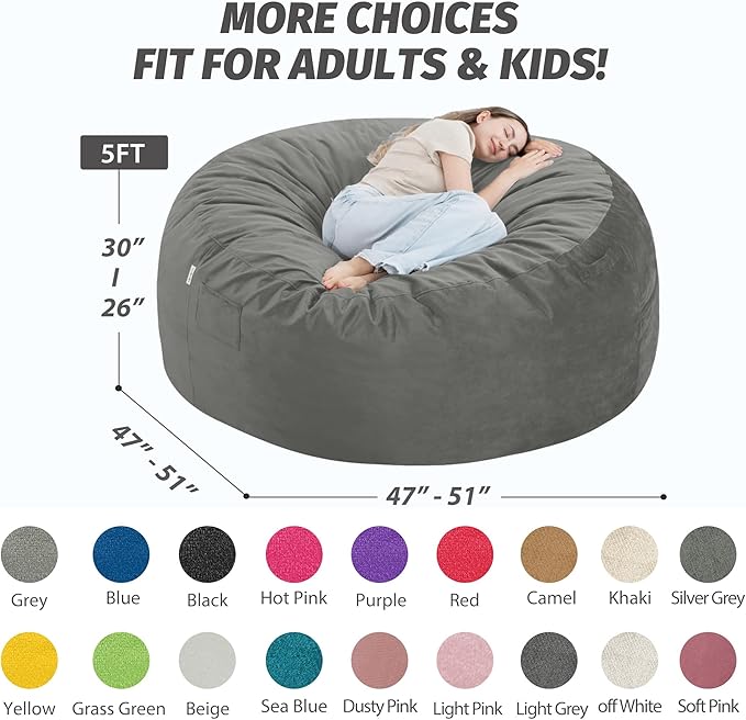 5FT Bean Bag Chair with Ultra Soft Velvet Cover Bean Bag Sofa with Memory Foam - Image 2