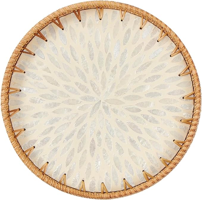 Round Rattan Tray with Mother of Pearl Inlay, Rattan Serving Tray with Wooden by Kmelep
