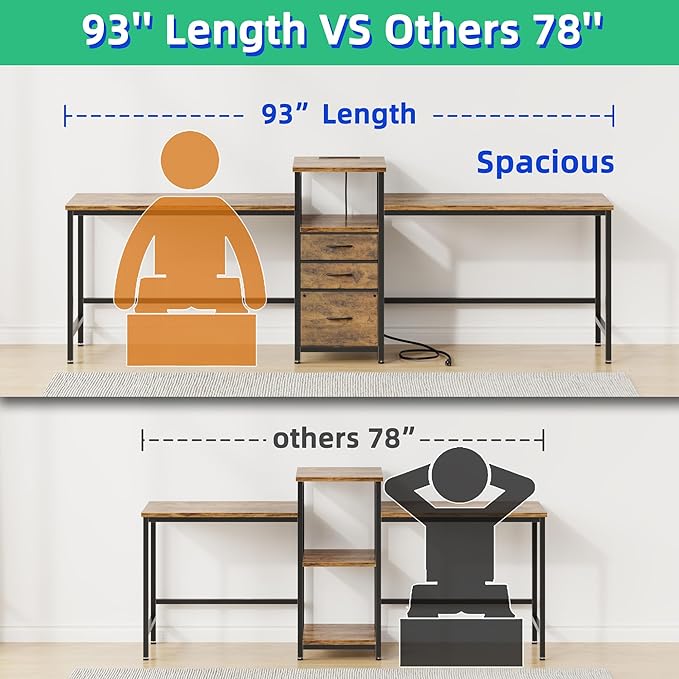 93'' Two Person Desk with Charging Station, Long Desk with 3 Fabric Drawers and - Image 3