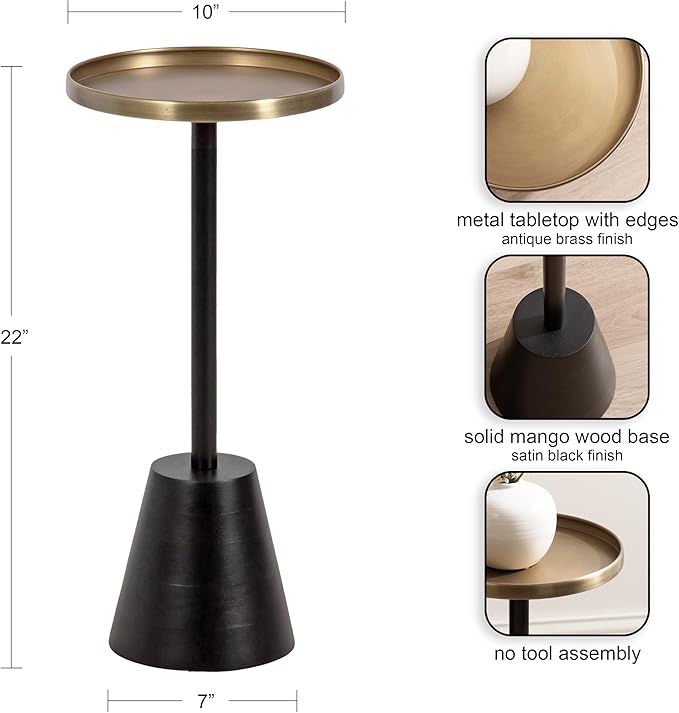 Kate and Laurel Tira Elegant Round Drink Table, 10 x 22, Antique Brass and Black - Image 3