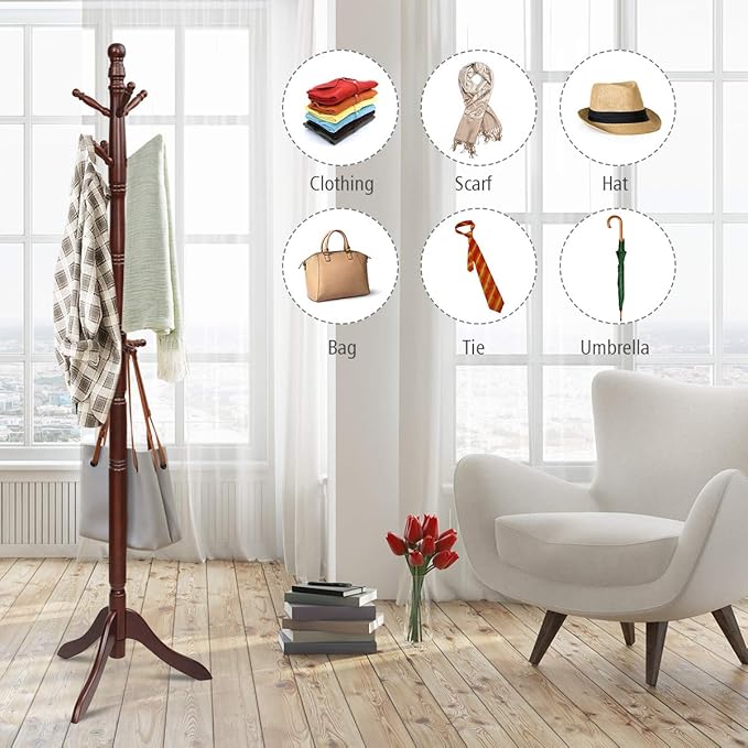 Tangkula Wood Coat Rack Freestanding, Entryway Height Adjustable Coat Stand - Image 7