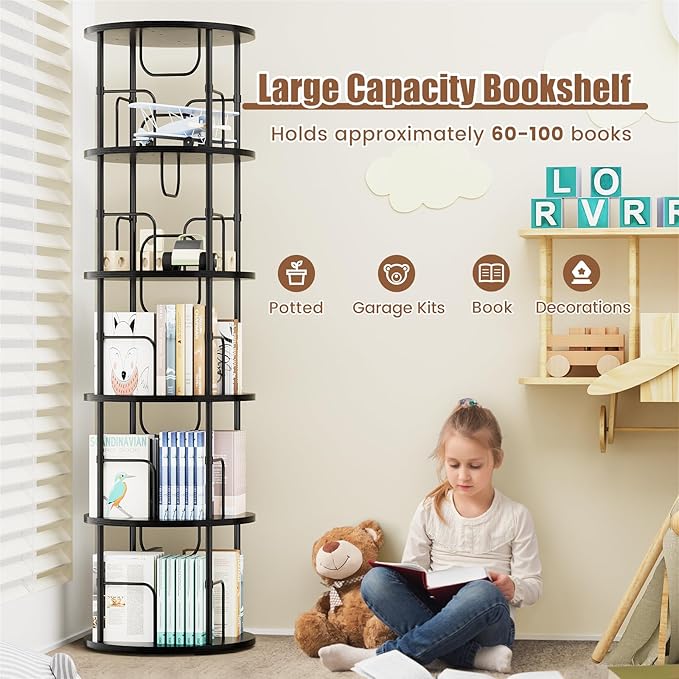 5 Tier Rotating Bookshelf, 360 ° Display Stackable Spinning Bookshelf Tower - Image 4
