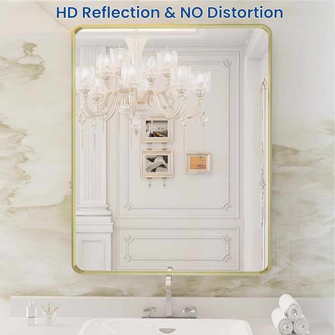 WEER Gold Bathroom Mirror, 28X36 Inch Brushed Gold Metal Frame Mirror, Rounded - Image 2