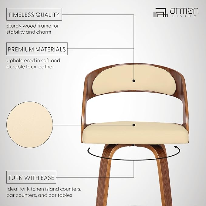 Armen Living Shelly 26" Counter Height Swivel Cream Faux Leather and Walnut - Image 4