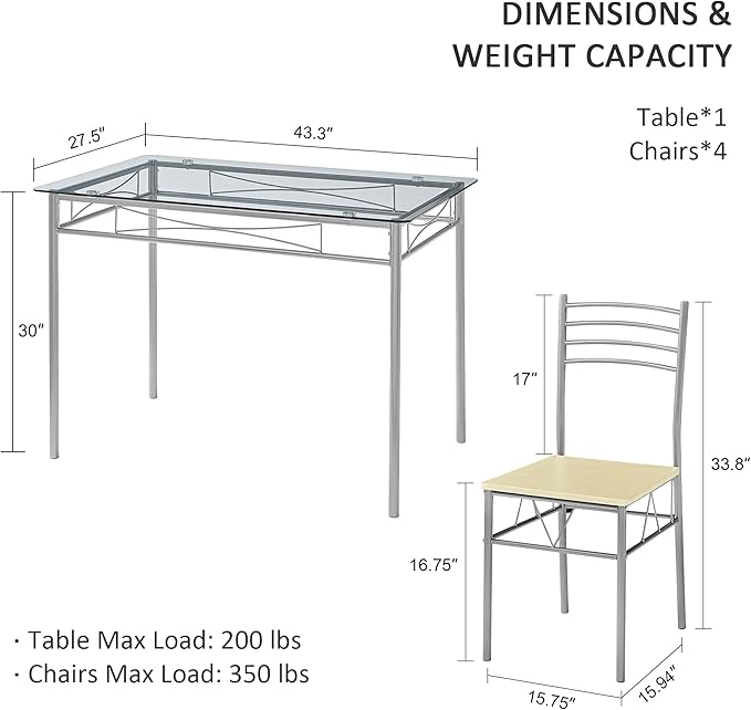 VECELO Kitchen Dining Room Table and Chairs 4, 5-Piece Dinette Sets, Space - Image 2