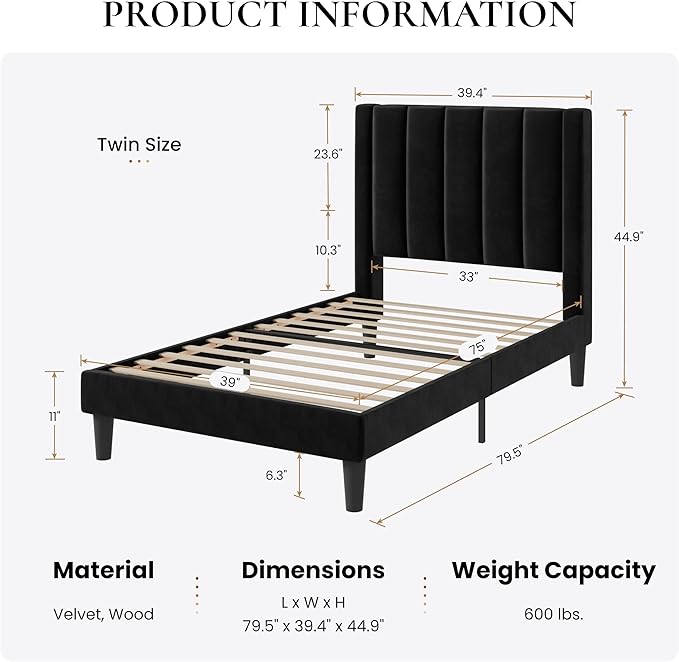 SHA CERLIN Twin Bed Frame/Velvet Upholstered Platform Bed Frame - Image 2