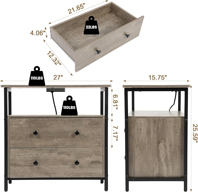 27 inch Wide Nightstand with Charging Station, Bedside Table with Open Shelf - Image 3