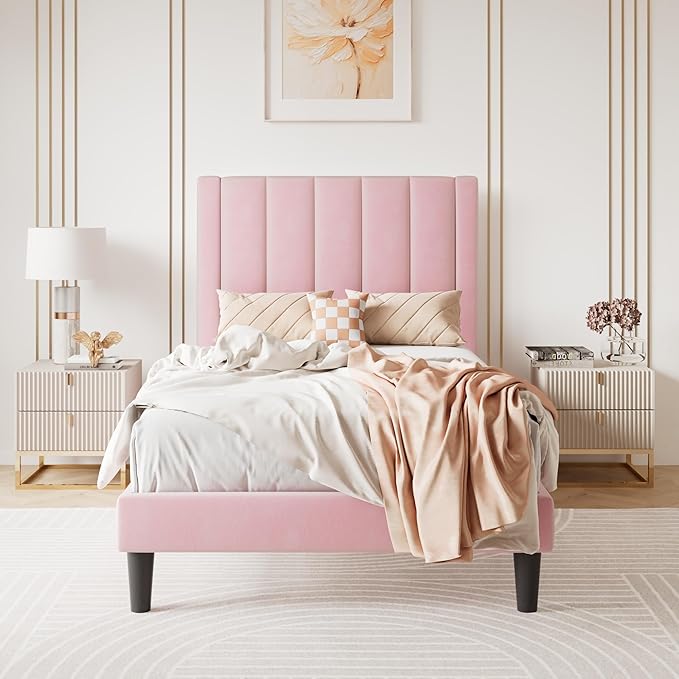 SHA CERLIN Twin Bed Frame/Velvet Upholstered Platform Bed Frame by SHACERLIN