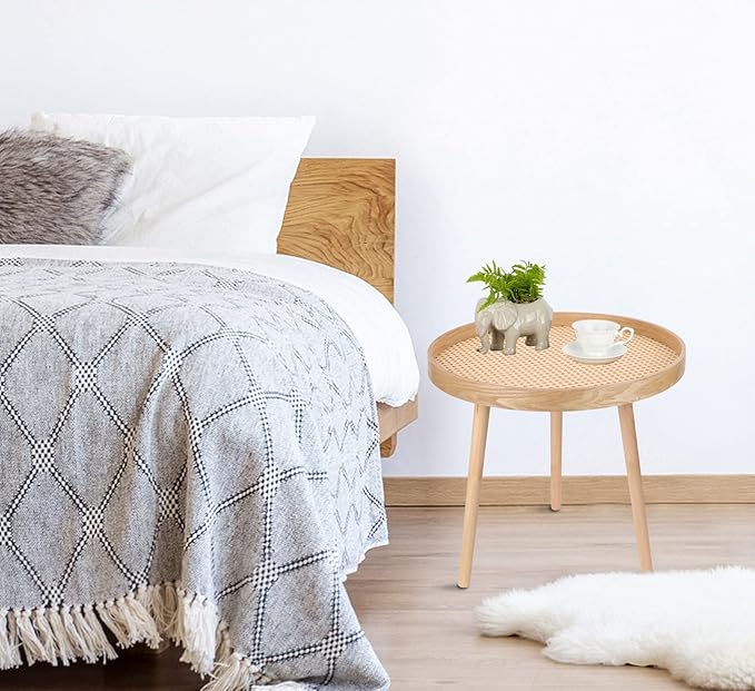 Round Coffee Table Set of 2, Natural Boho Side Table, Small Mid Century Modern - Image 7