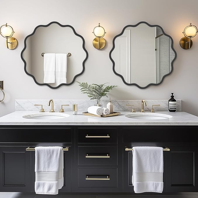 PROHOMEWARE Black Round Mirror 24 Inch Wavy Bathroom Vanity Mirror Black Frame - Image 2