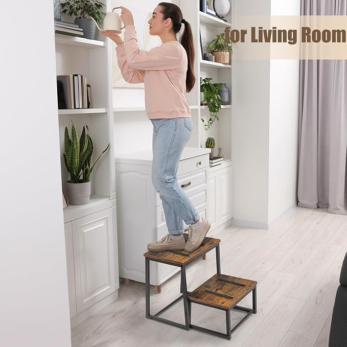 Vrisa Wood Step Stool for Adults Bedside Steps for High Beds Two Step Stools - Image 5