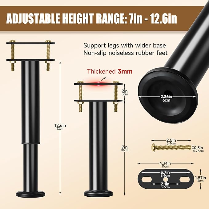 Metal Bed Frame Support Legs, 7-12.6 Inch Adjustable Height Bed Support Legs - Image 2