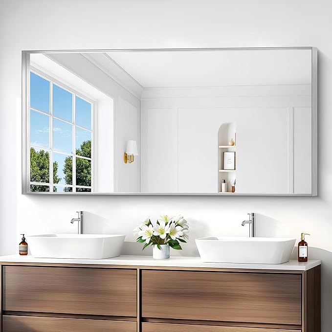 Silver Bathroom Mirror, 30x60 Inch Rectangular Deep Frame Mirror, Large Wall - Image 2