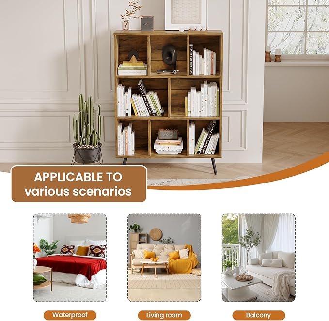 8 Cube Bookshelf 3 Tier Mid-Century Rustic Brown Modern Bookcase - Image 9