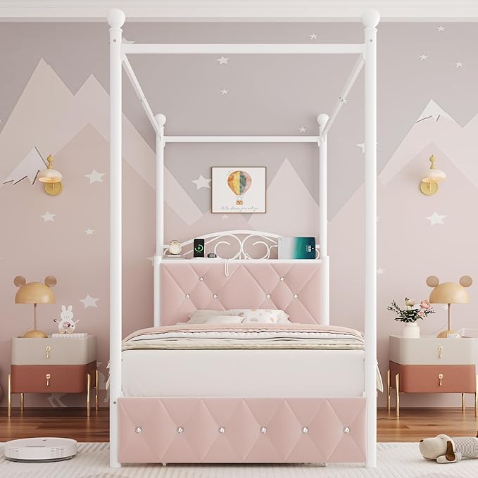 Twin Upholstered Canopy Bed Frame - Image 3