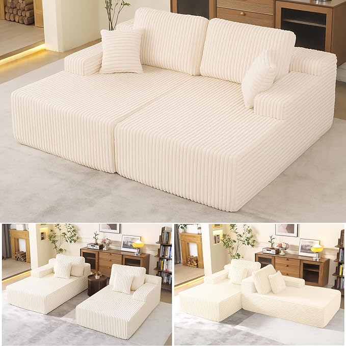 Oversized 79” Double Chaise Lounge Sofa Bed, Deep Seat Corduroy Cloud Loveseat by WHGBJA