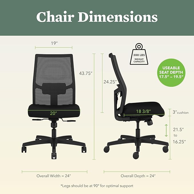 HON Ignition 2.0 Armless Ergonomic Office Chair, Adjustable Tilt, Swivel Wheels - Image 2