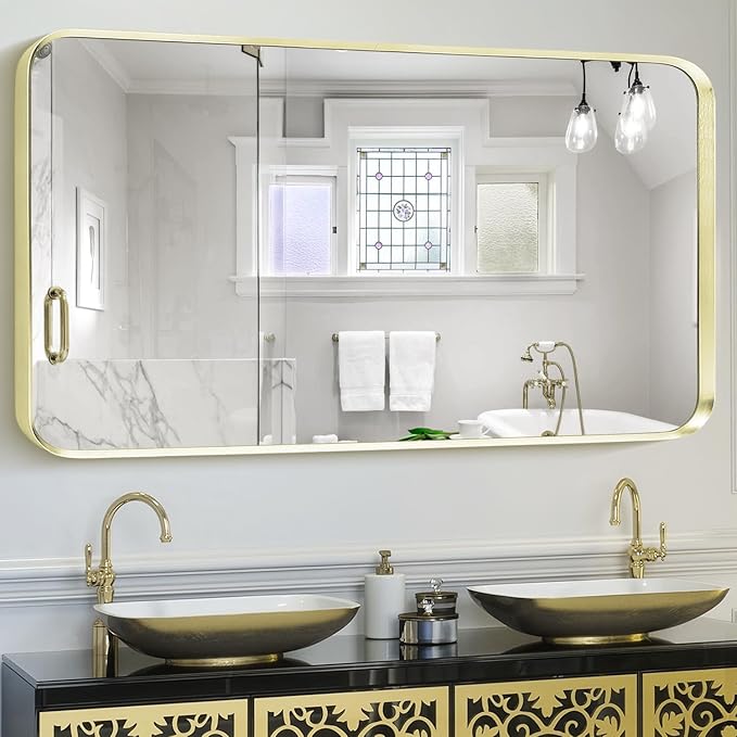 Wall Mount Mirror for Bathroom, Large Brushed Gold Metal Framed Rounded Corner by Minuover