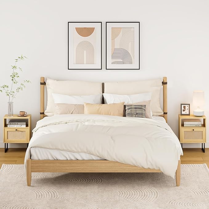 Rattan Nightstand, Boho Night Stand Farmhouse Wood Bedside Table - Image 7