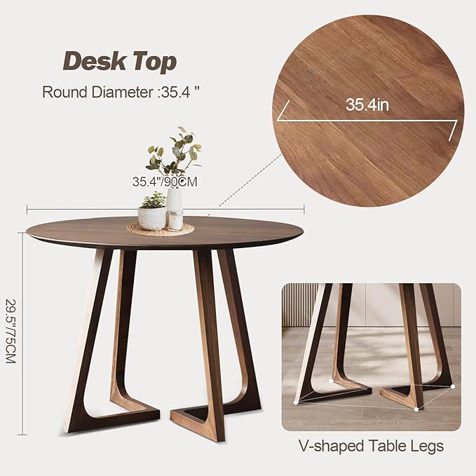 Walnut Round Dining Table for 4, 35.4" Small Wood Round Kitchen Table - Image 2