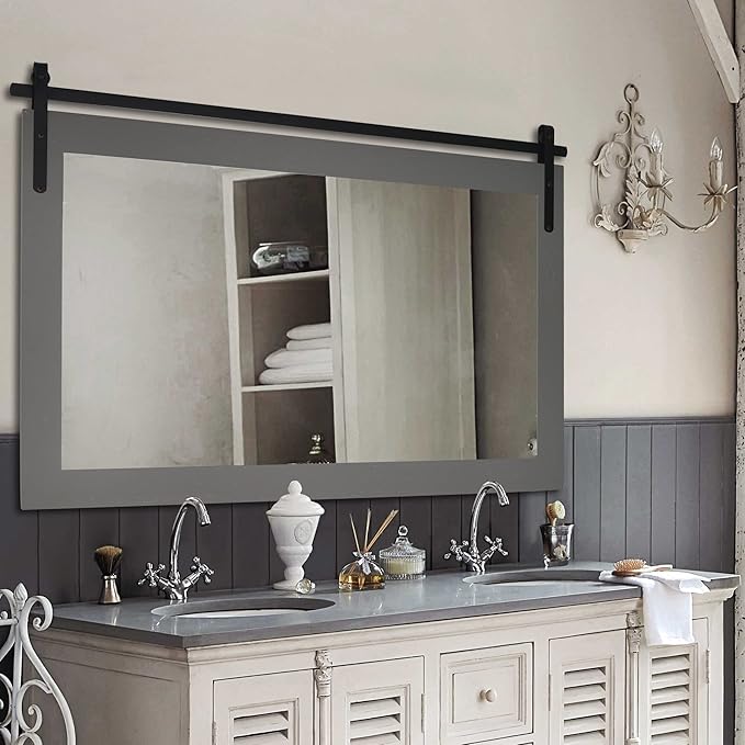 PAIHOME Large Gray Wall Mirror, Farmhouse Horizontal Rustic Square Bathroom - Image 8