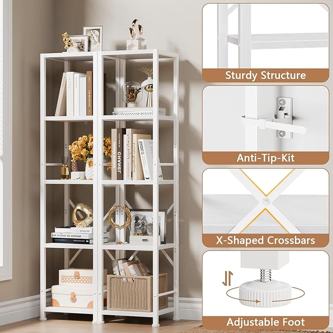 Furologee 5 Tier White Bookshelf, Tall Narrow Bookcase - Image 4