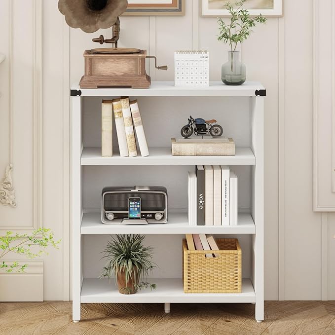 BON AUGURE White Bookcase, 3 Shelf Bookshelf, Farmhouse Wooden Book - Image 7