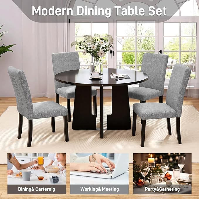 Merax 5-Piece Round Dining Table Set, Modern 4 Upholstered Chairs - Image 5