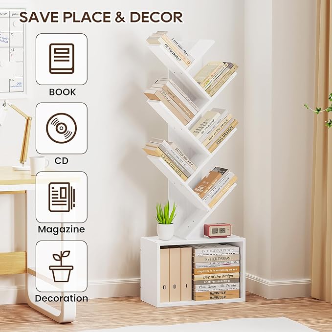 6 Tier Tree Bookshelf, Sturdy Retro Floor Standing Wood Bookcase, Storage Rack - Image 4