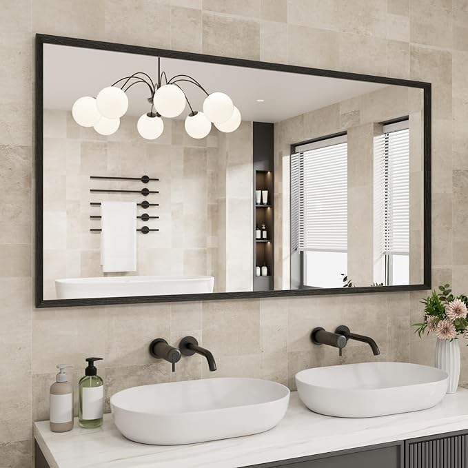 Rectangle Bathroom Mirror 55x30 Inch, Matte Black Framed, 4MM Tempered Glass by JISOSO