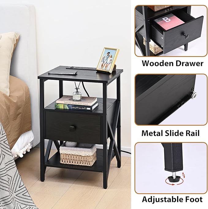 End Table with Wireless Charging Station, End Table with Wood Drawer, Night - Image 6