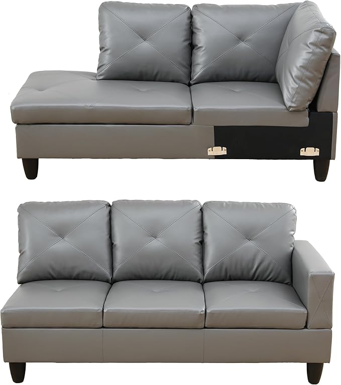 L Shaped Sectional Sofa with Ottoman, Leather Right Facing Modern Couches - Image 3