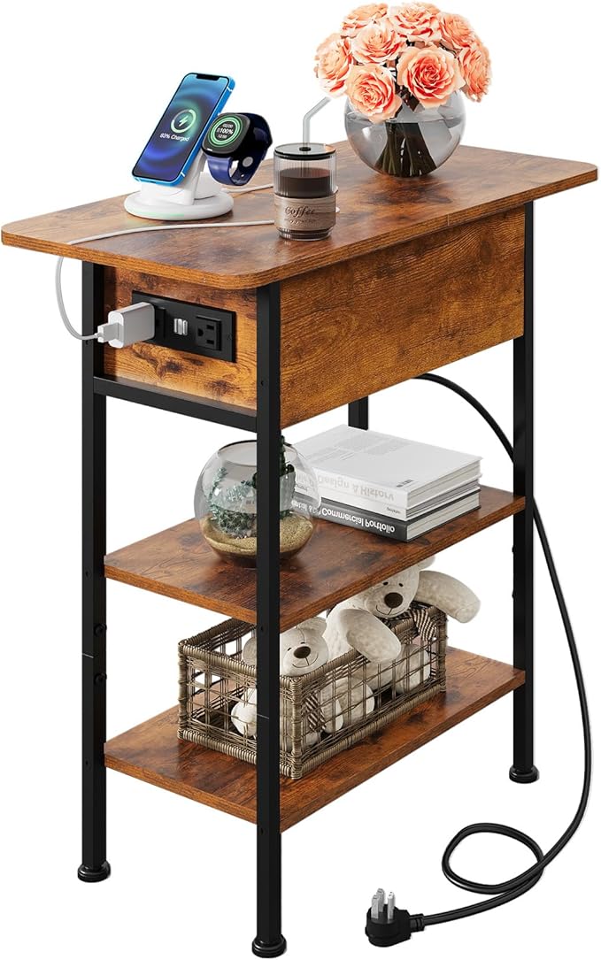 WLIVE End Table with Charging Station, Flip Top Side Table with Storage Shelf by WLIVE