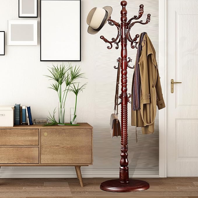Coat Racks Free Standing with 14 Hooks, Natural Wood Coat Stands by Sauqzoh