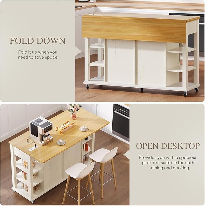 DWVO Kitchen Island with Drop Leaf, Tilt Out Trash Can Cabinet, Mobile Storage - Image 7