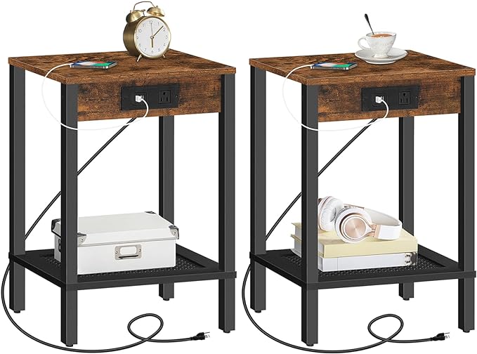 HOOBRO Side Table with Charging Station, Nightstand with 2-Tier Storage Shelf by HOOBRO