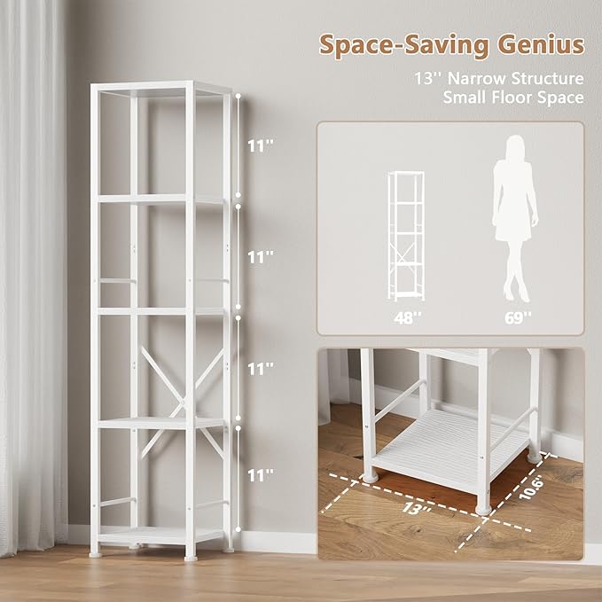Furologee 5 Tier White Bookshelf, Tall Narrow Bookcase - Image 3