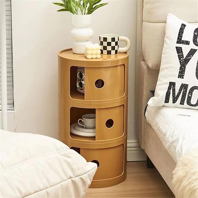 3 Tier Round Nightstand with Drawer, Ginger Yellow Round Side Table Small - Image 2