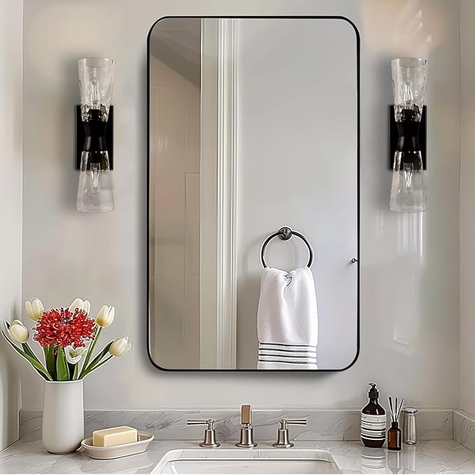 ANDY STAR Black Bathroom Mirror, 24”x40” Rounded Corner Rectangle Mirror by ANDYSTAR