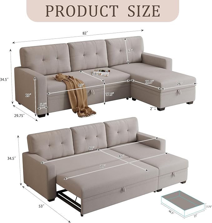 Ball & Cast Convertible Sectional Sleeper Sofa Bed L Shaped 4 in 1 Pull Out - Image 2