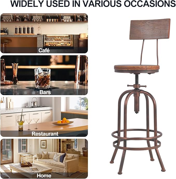 Set of 2-Industrial Bar Stools-Swivel Wooden Seat-Bar Counter Height Adjustable - Image 6