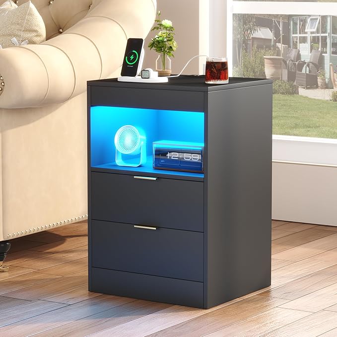 Gadroad LED Nightstand with Charging Station, Bedside Table with 3 Drawers and - Image 6