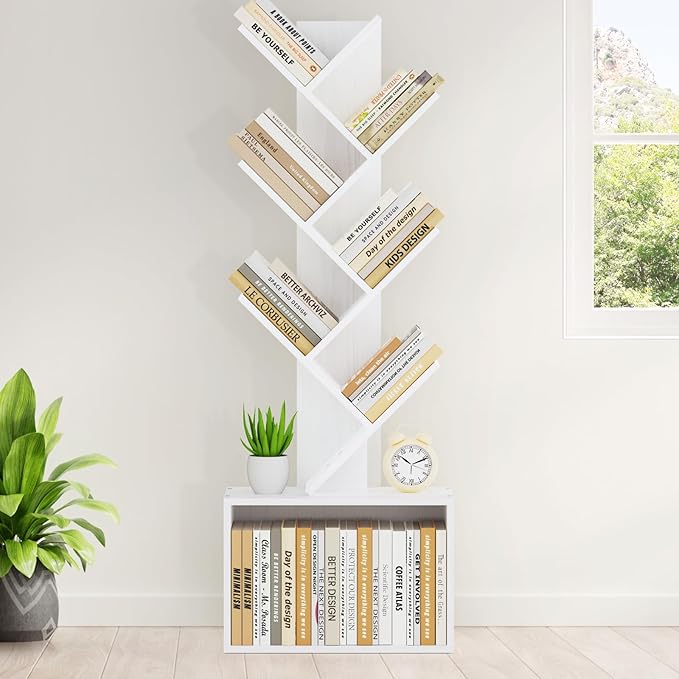 6 Tier Tree Bookshelf, Sturdy Retro Floor Standing Wood Bookcase, Storage Rack - Image 2
