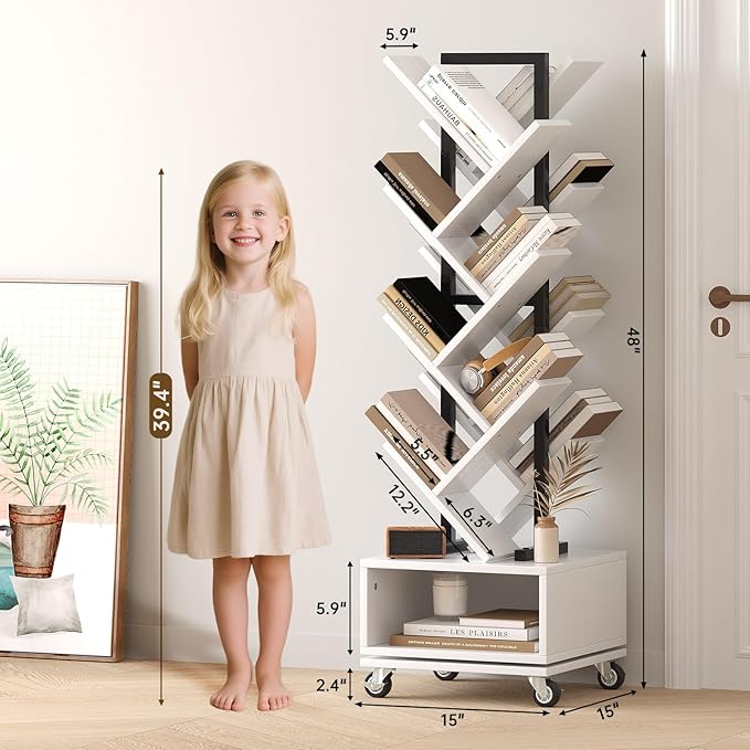 7 Tier Tree-Shaped Rotating Bookshelf, Double Sided, Small Bookcase - Image 3